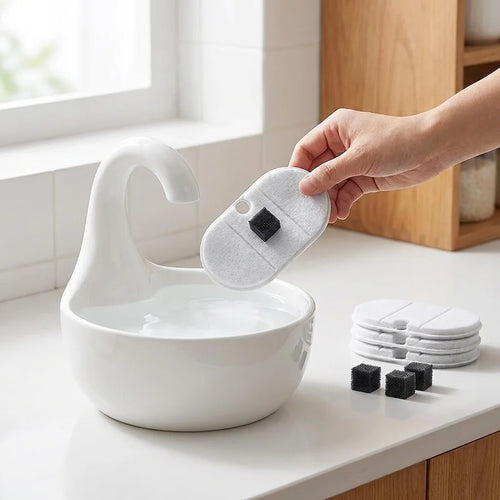 Hand replacing PawQuiet fountain filter easily in kitchen