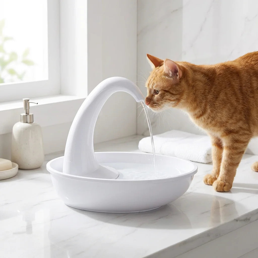 Orange cat drinking from PawQuiet fountain on marble countertop