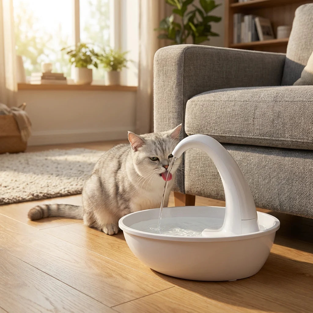 Cat drinking from PawQuiet fountain in living room