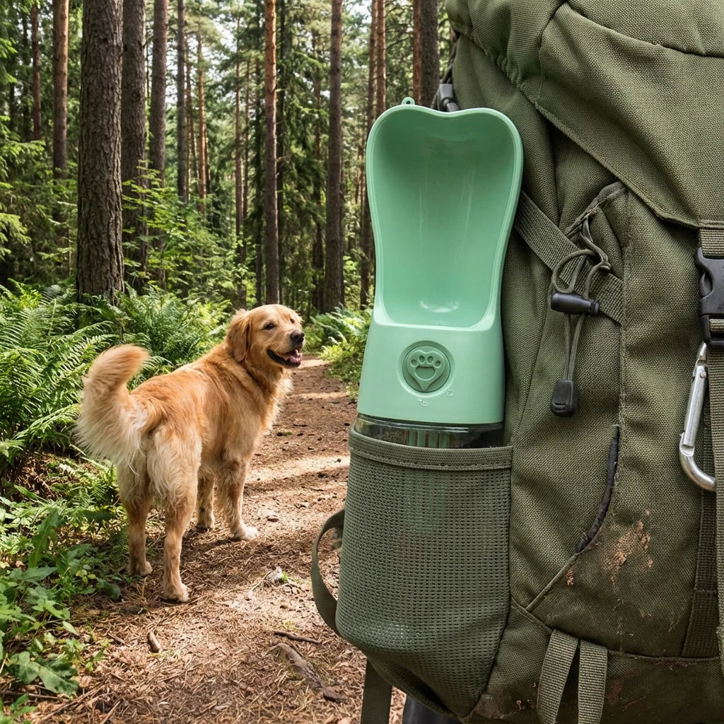 PawQuiet pet water bottle in backpack on forest trail with dog