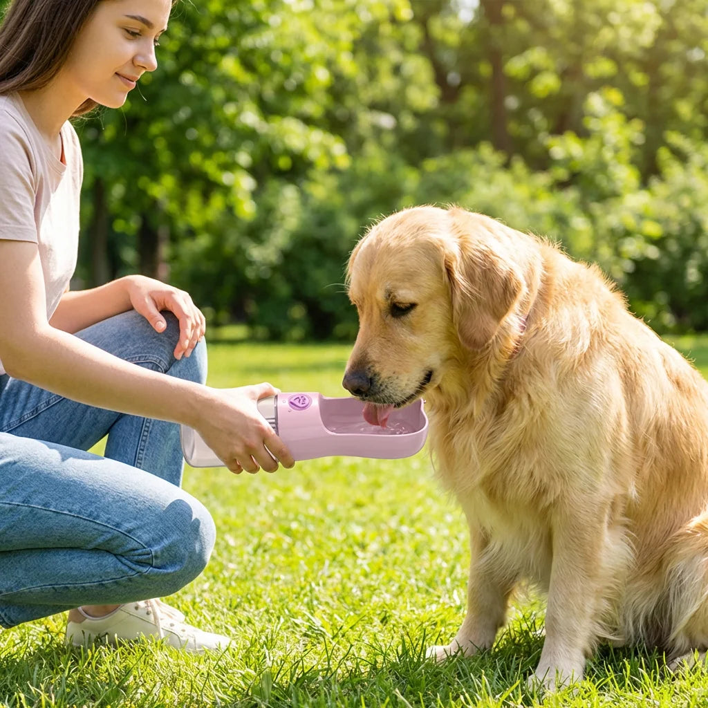 Woman giving golden retriever water from PawQuiet bottle in park